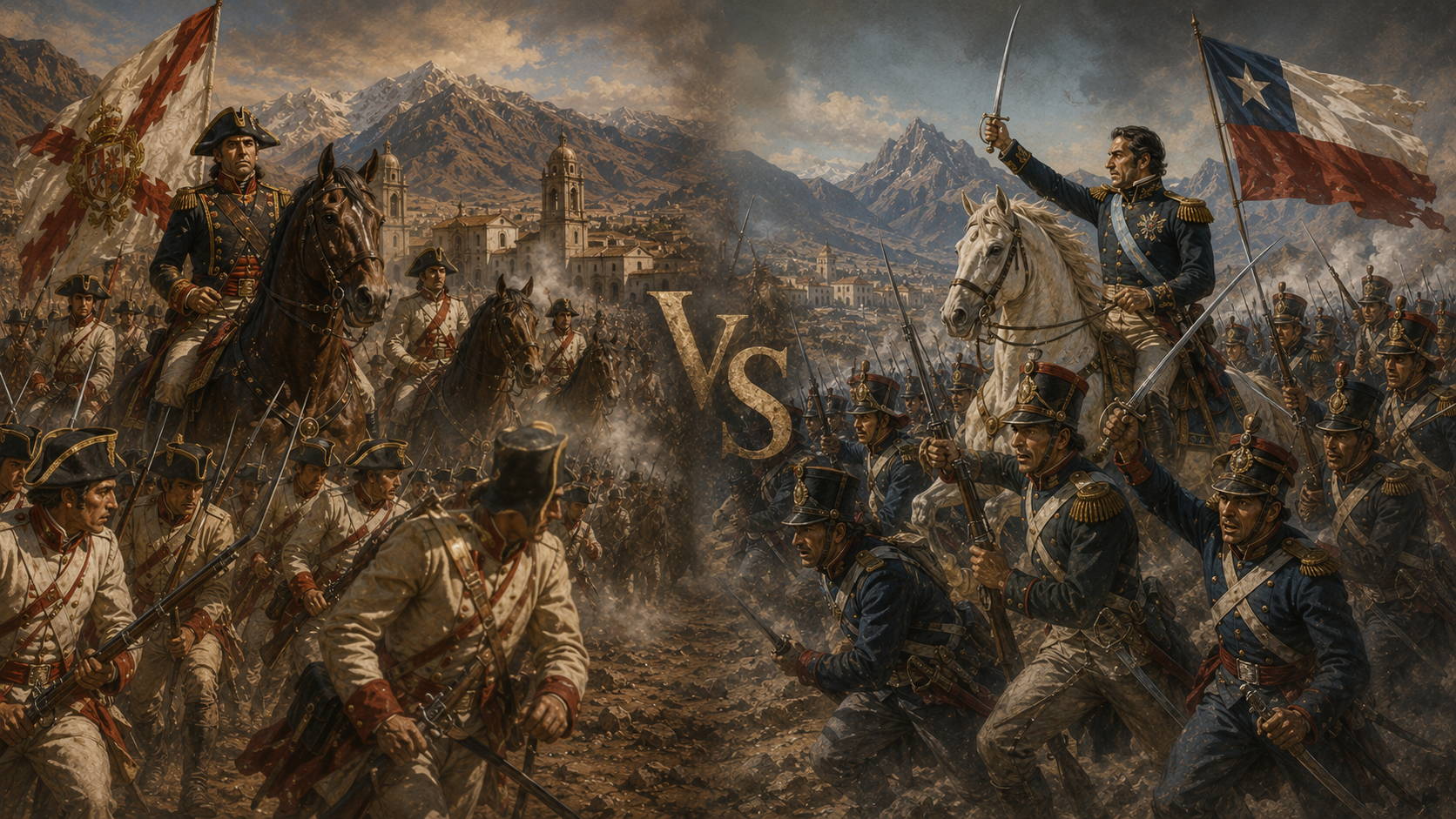 Ilustración comparativa entre el Ejército Realista y el Ejército de los Andes liderado por José de San Martín.