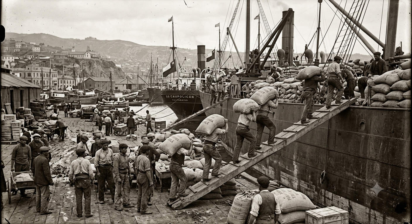 Imagen de trabajadores portuarios cargando un producto en un barco en el puerto de Valparaíso.