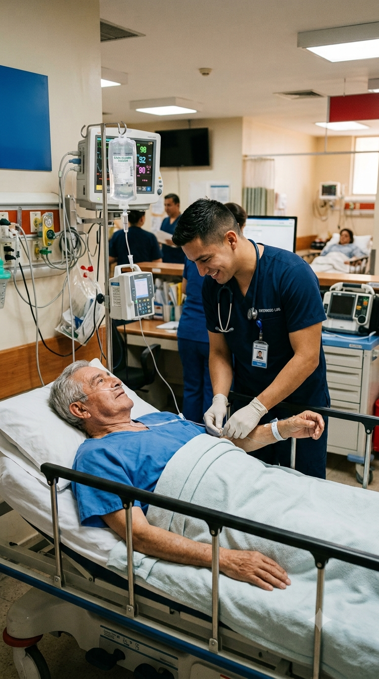 Un enfermero atiende a un paciente de tercera edad en una sala de hospital, junto a otros enfermos.