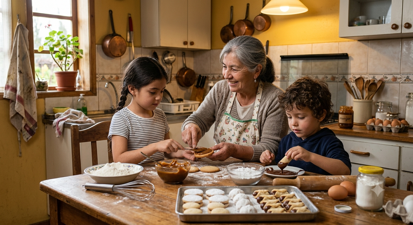 Abuela enseñando a nietos los secretos de los dulces chilenos.