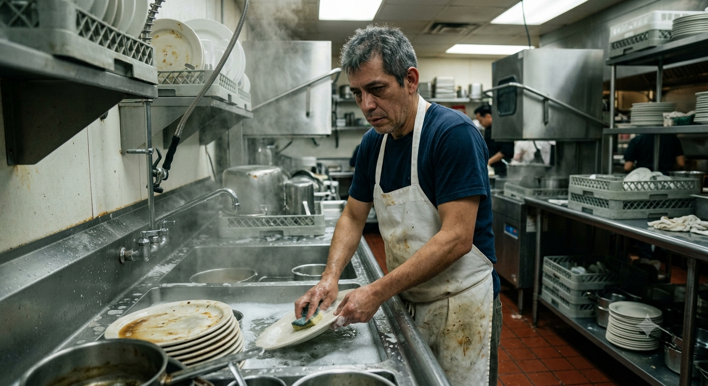 Un hombre lava platos en una gran cocina de un restaurante.