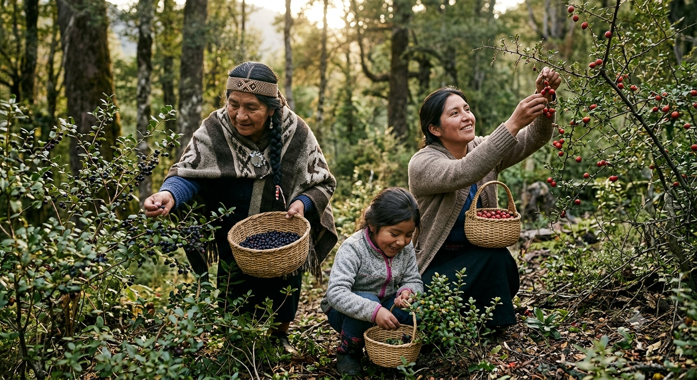 Representación de pueblos originarios recolectando frutos nativos en Chile