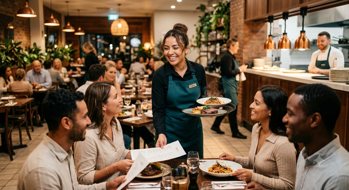 Una mesera entrega el menú a cuatro comensales en una mesa de un restaurante.