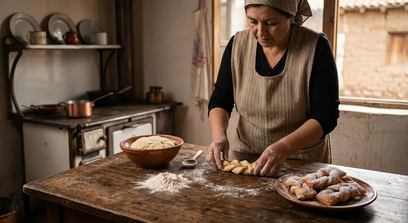 Mujer preparando calzones rotos en una cocina tradicional chilena.