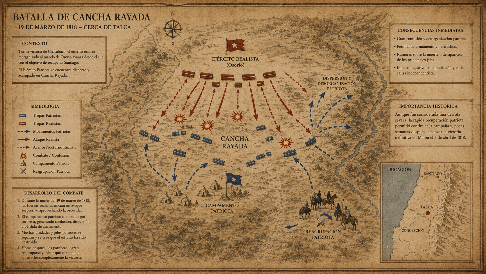 Mapa ilustrado del plan militar de la Batalla de Cancha Rayada con los movimientos de los ejércitos patriota y realista.