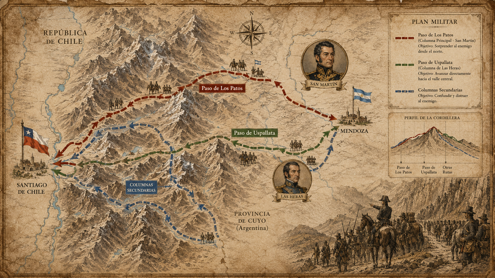 Mapa con las principales rutas utilizadas durante el Cruce de los Andes en 1817.