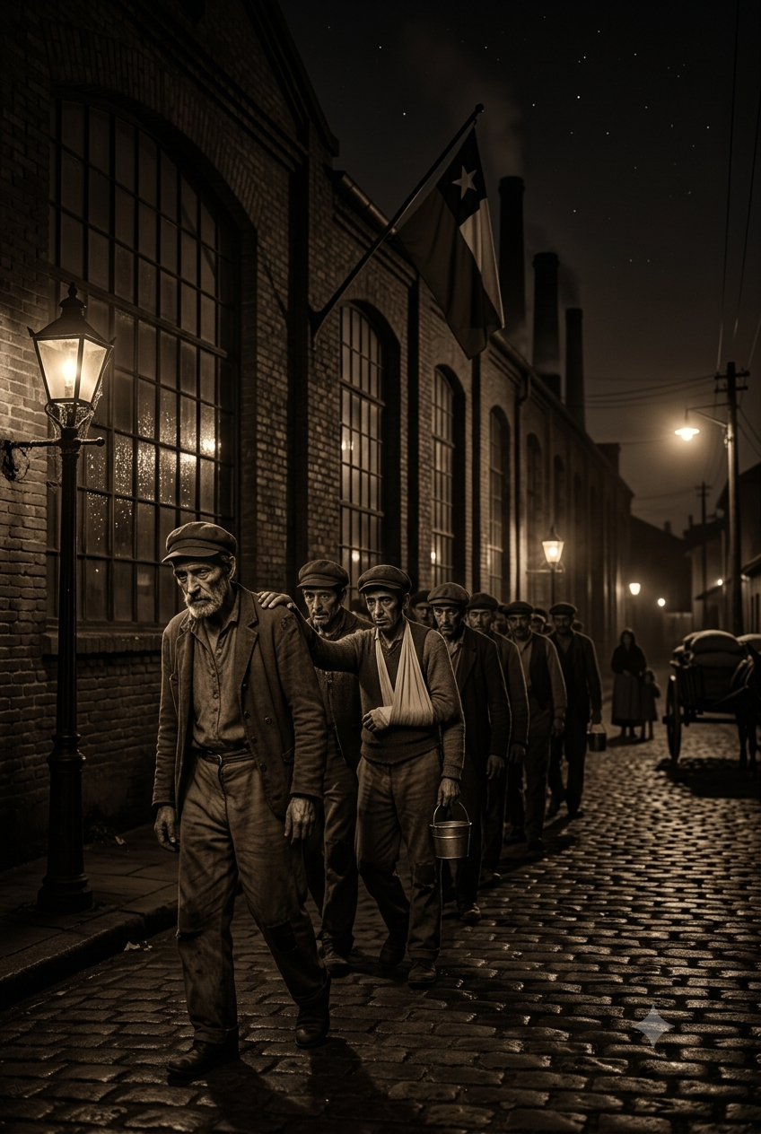 Imagen de un grupo de hombres saliendo de una fábrica durante la noche, en las calles oscuras de Santiago.