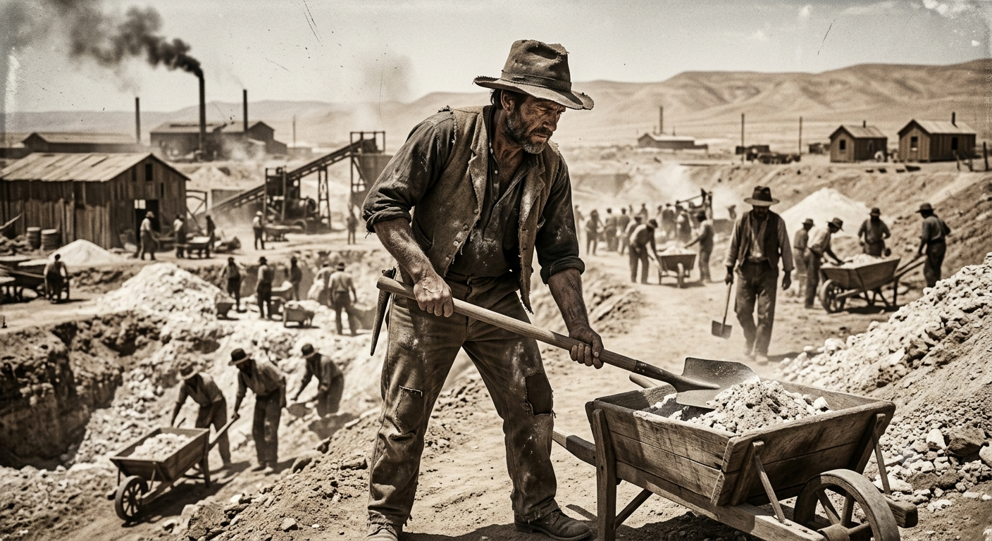 Imagen de un hombre extrayendo salitre de la tierra en el desierto de Atacama, en el norte de Chile.