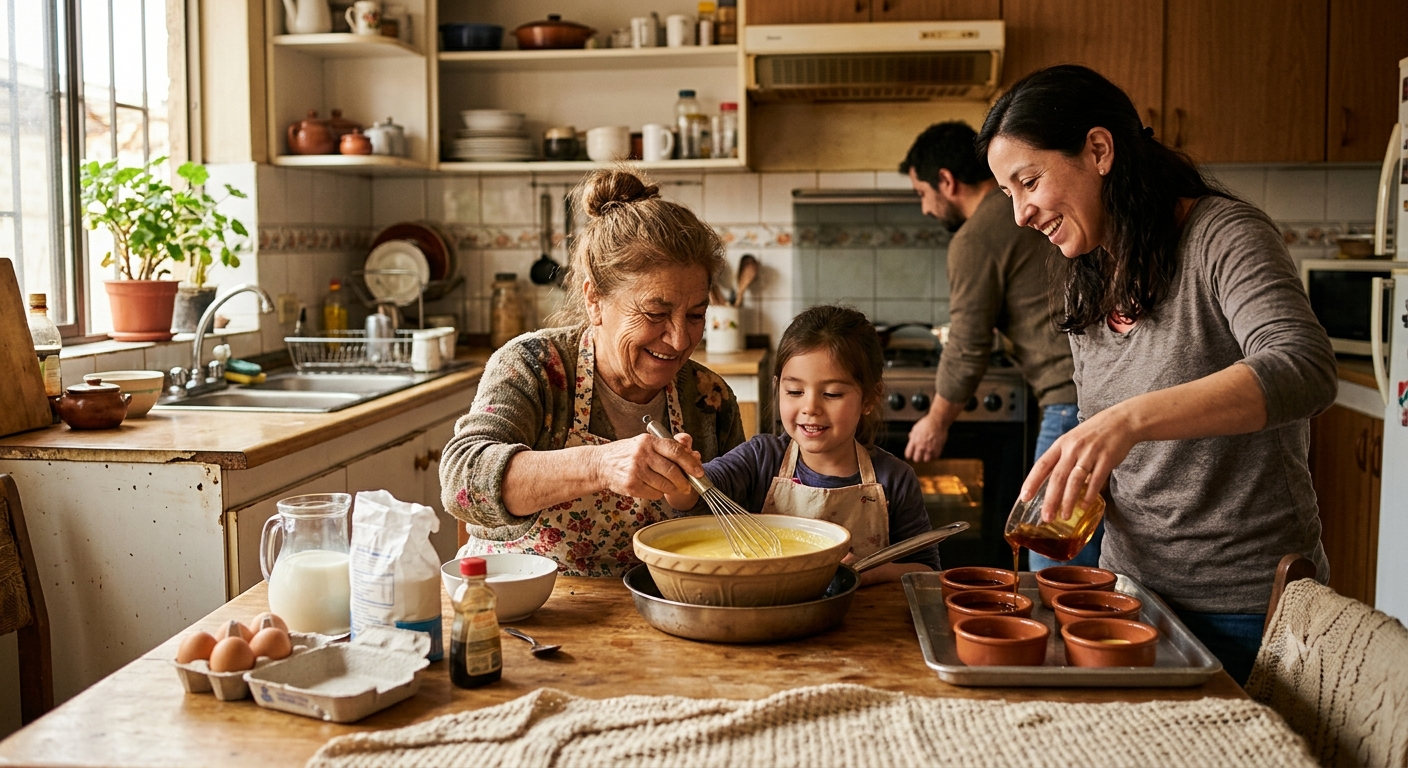 Una abuela, una madre y una hija cocinan juntas leche asada.
