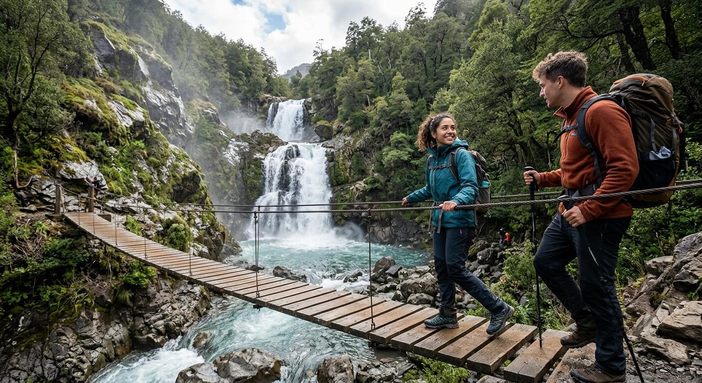 Dos jóvenes haciendo trekking en la Cascada de las Ánimas.