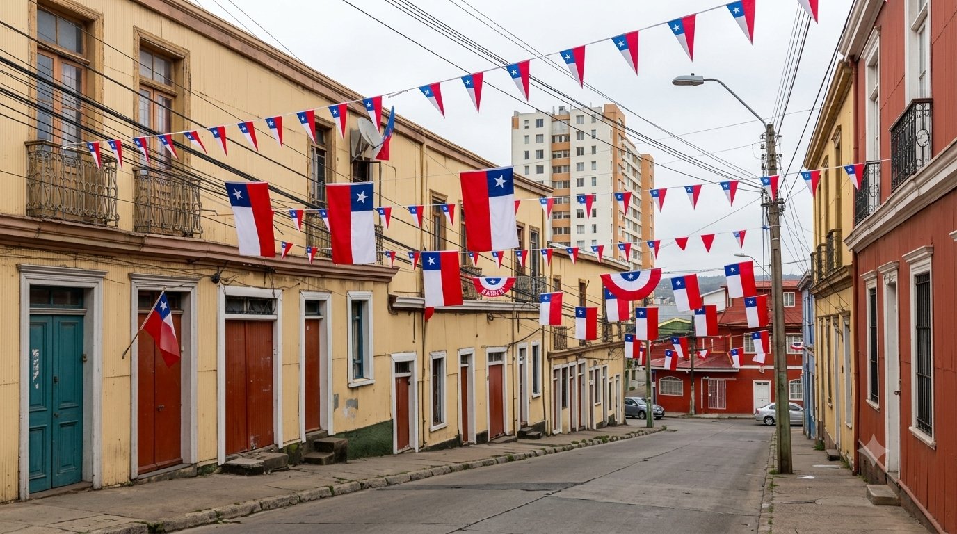 Calle típica chilena decorada con banderas y guirnaldas tricolores suspendidas entre las fachadas para la celebración de las Fiestas Patrias.