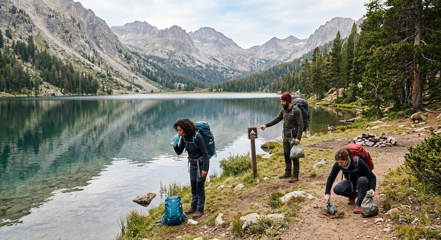 Excursionistas de trekking recogiendo sus residuos.