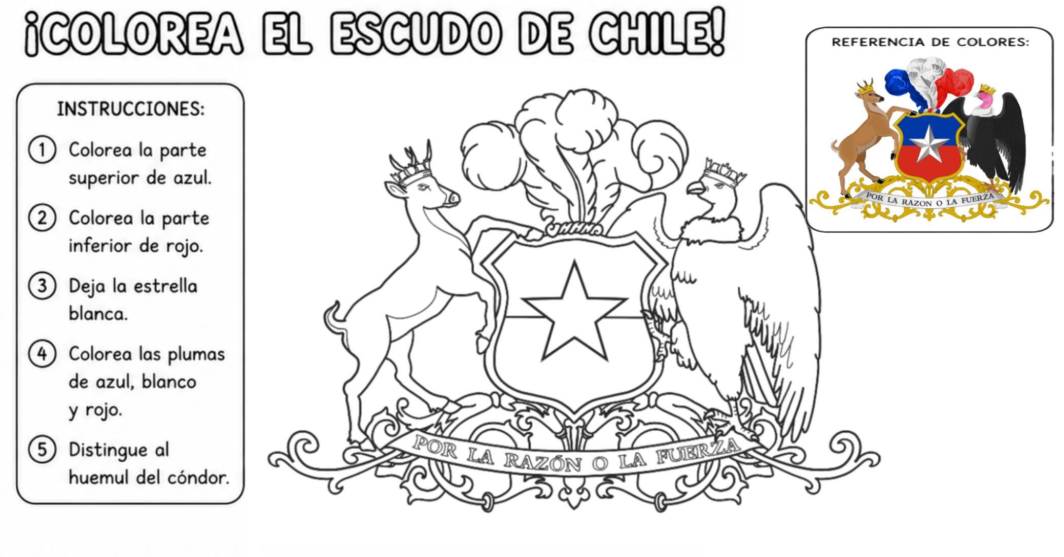 Actividad infantil para colorear el escudo nacional de Chile.