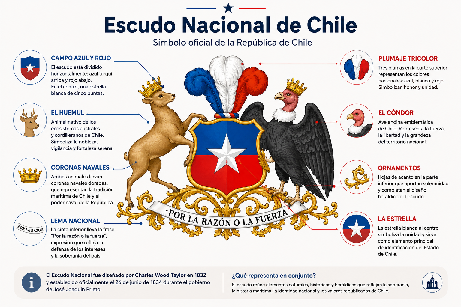 Infografía con los principales elementos del escudo nacional de Chile