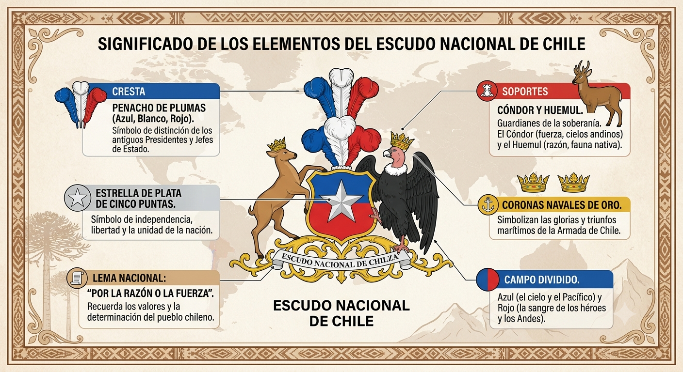 Infografía sobre el significado de los elementos que conforman al escudo nacional de Chile