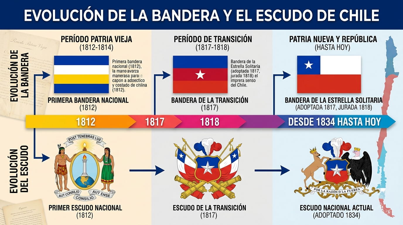 infografia evolutiva de los cambios en el escudo y bandera chilena con los años