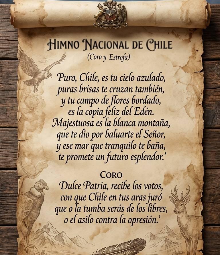 vista de un pergamino con el coro y primera estrofa del Himno Nacional chileno