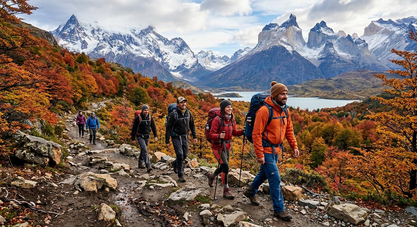 Un grupo de excursionistas recorre un sendero rodeado por tonos dorados y rojizos del otoño.