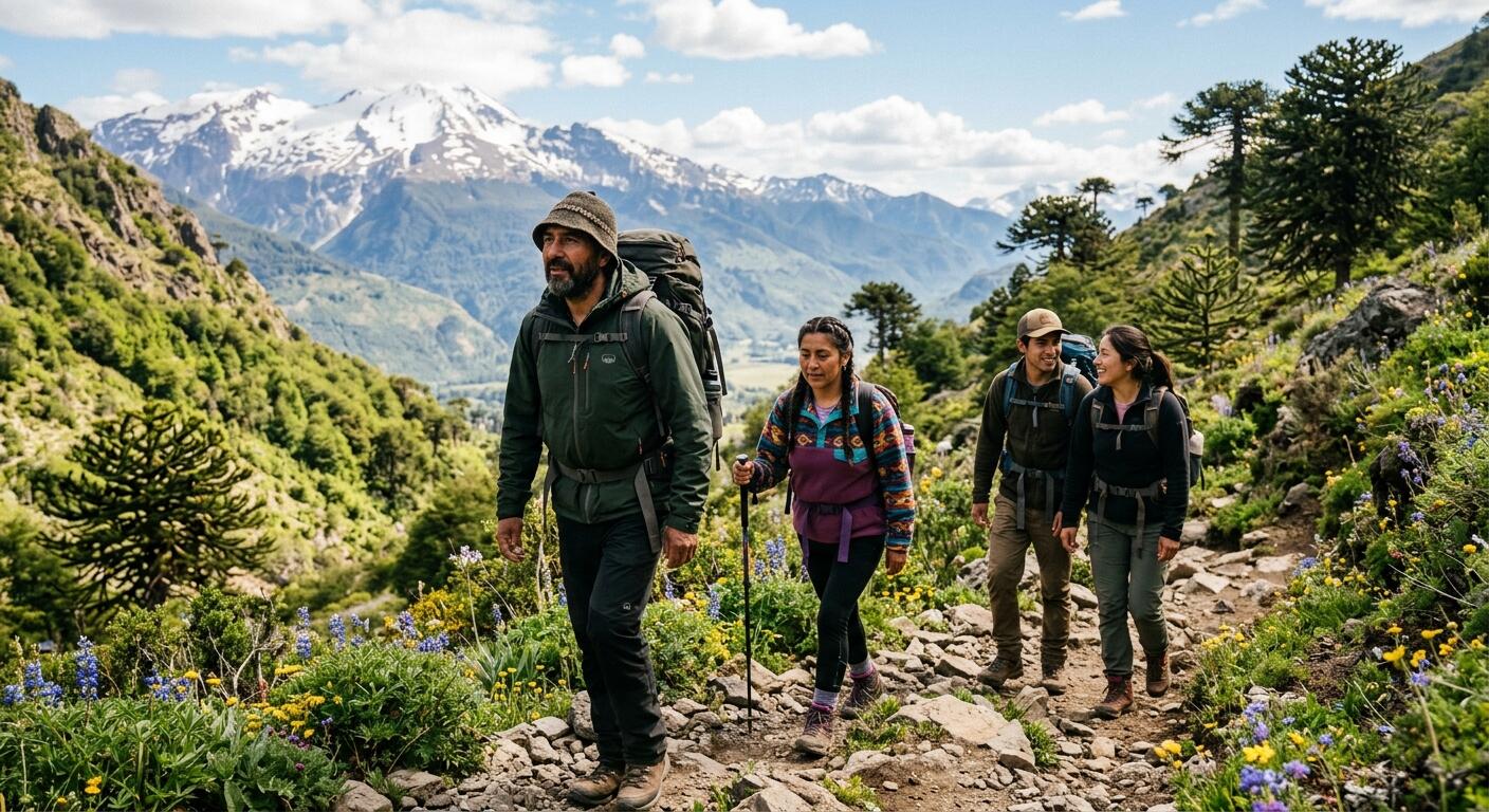 Excursionistas haciendo trekking en primavera.