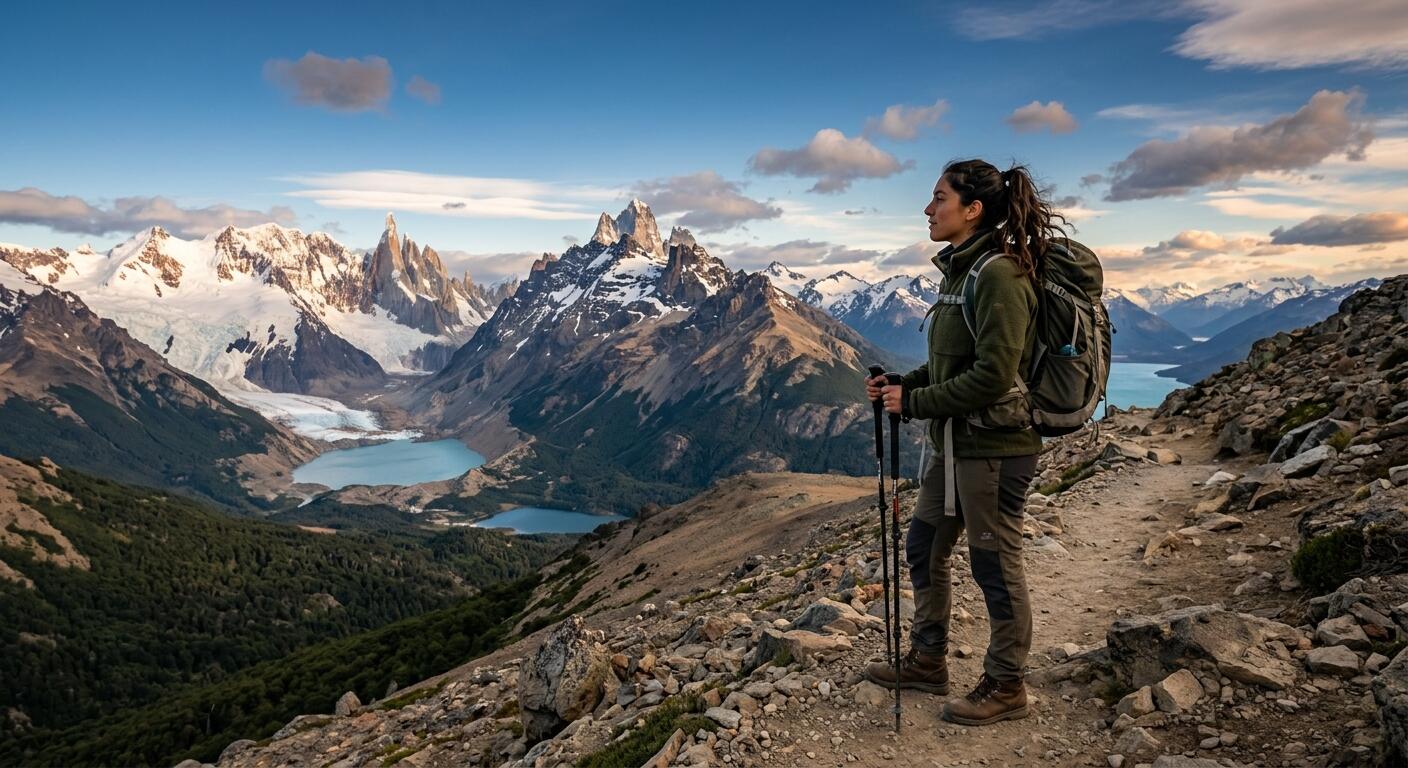 Una senderista contempla la panorámica de las montañas y glaciares en la Región de Aysén, Chile.