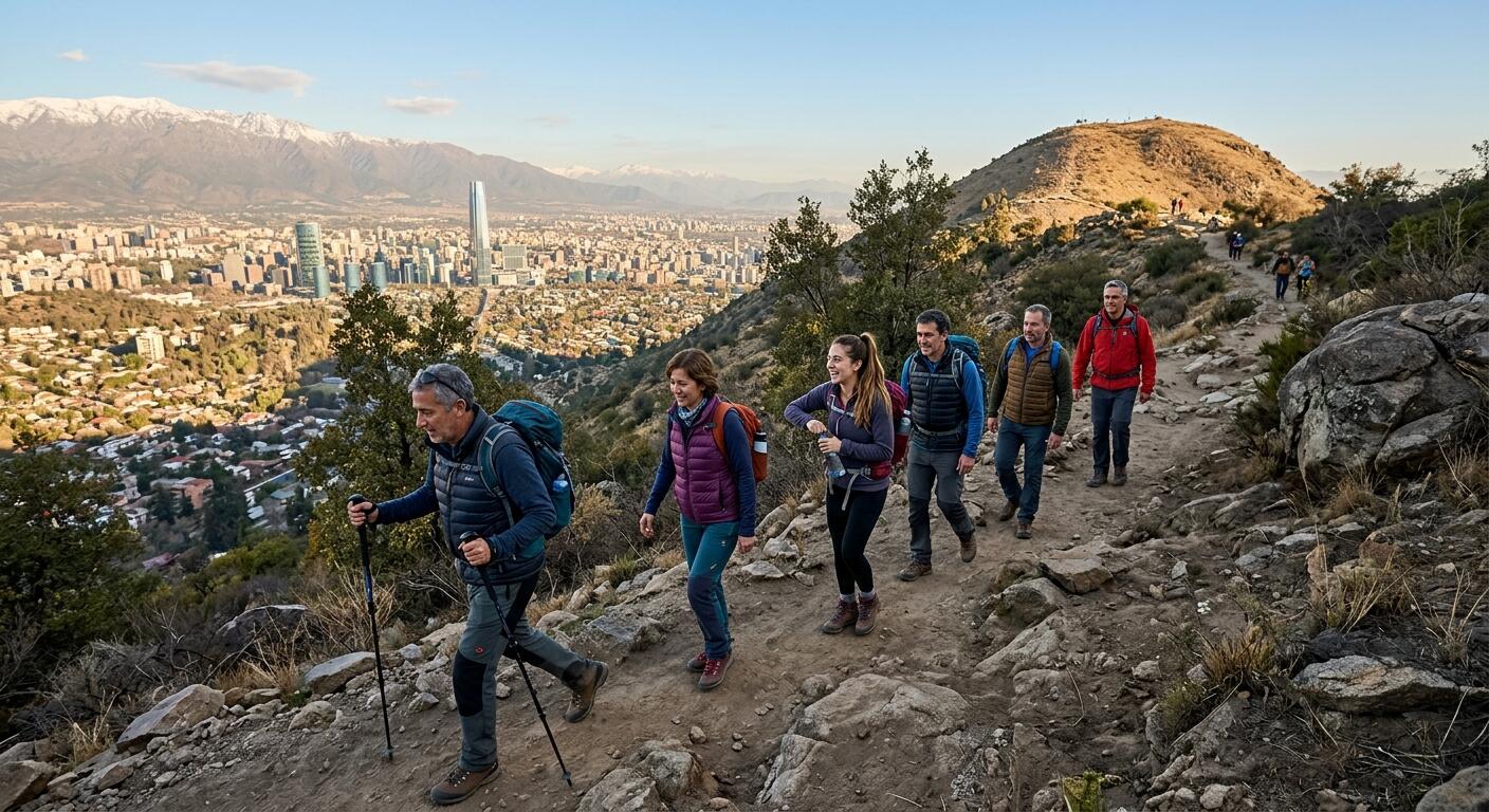Un grupo de excursionistas haciendo trekking por el Cerro Manquehue.