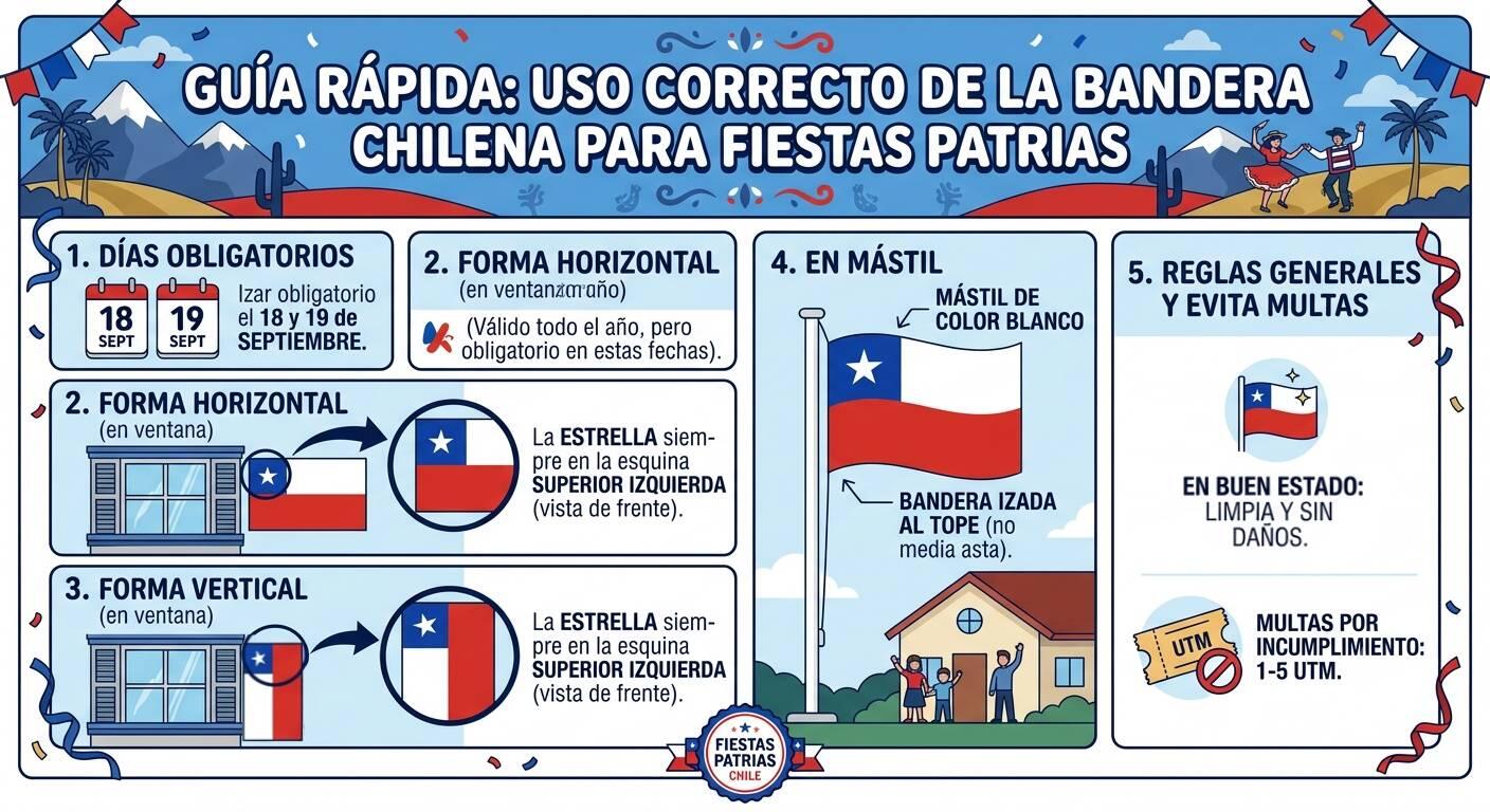 Guía visual con recomendaciones para instalar correctamente la bandera chilena.