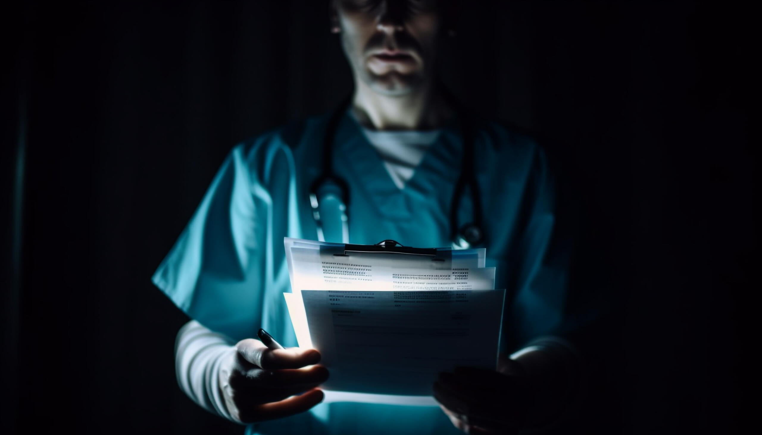 Médico sosteniendo expedientes iluminados en un entorno oscuro