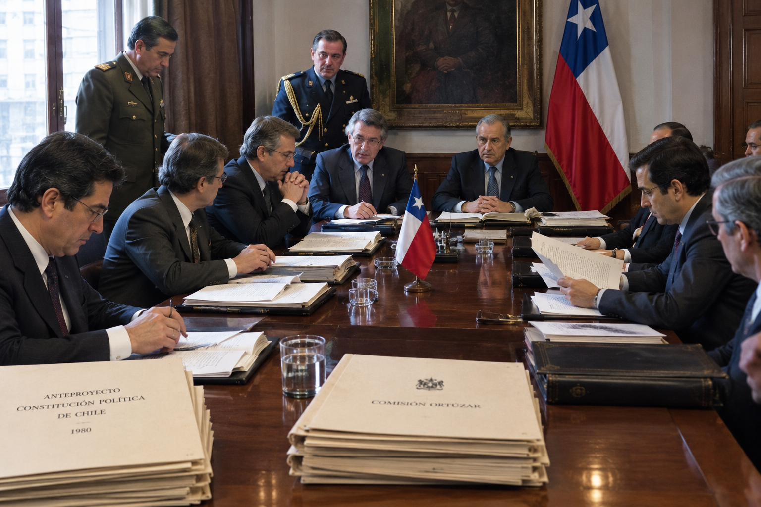Representación de documentos institucionales y autoridades durante el proceso de elaboración constitucional en Chile.