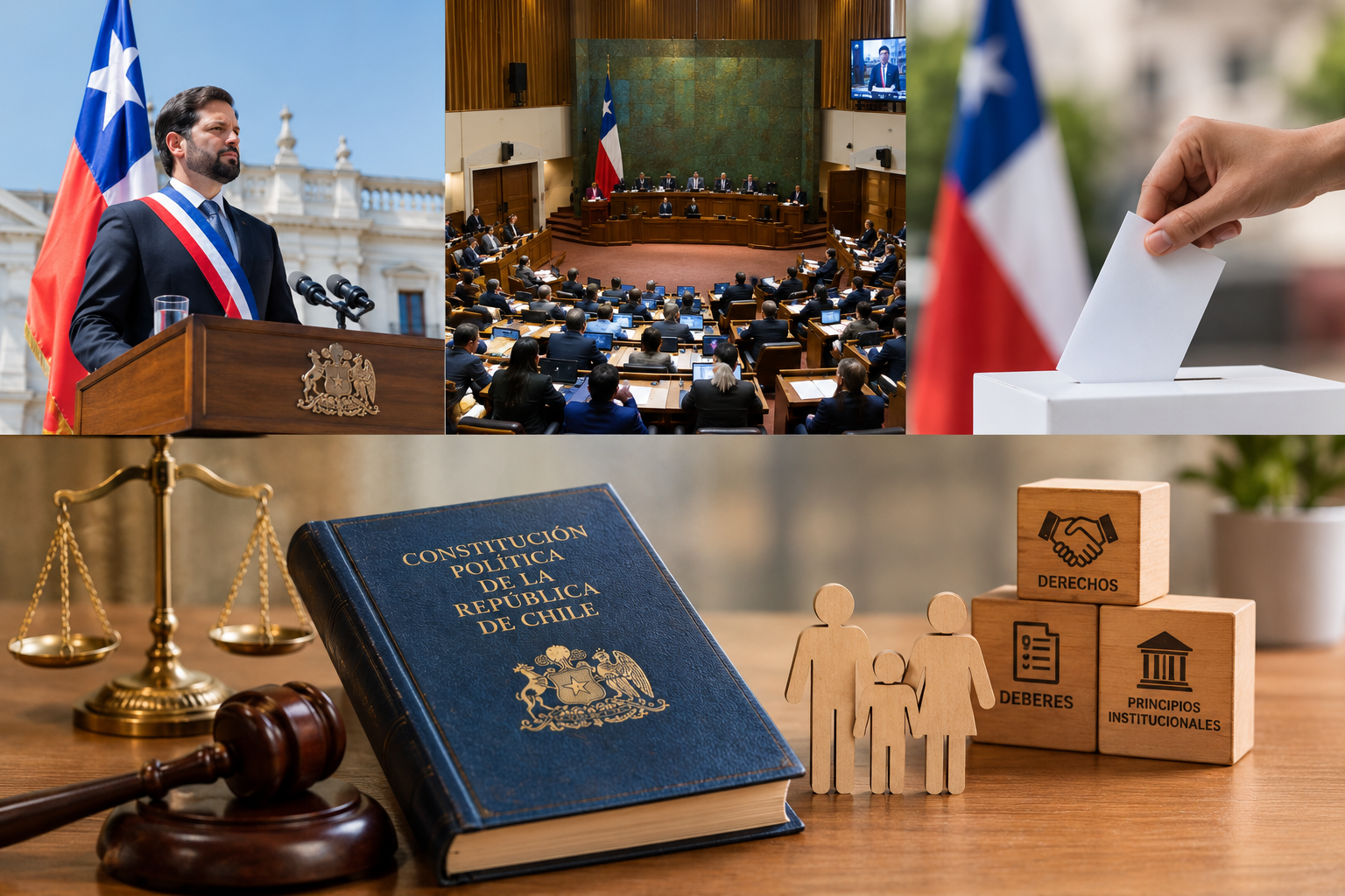 Representación de los elementos constitucionales que representan a las instituciones del Estado chileno.