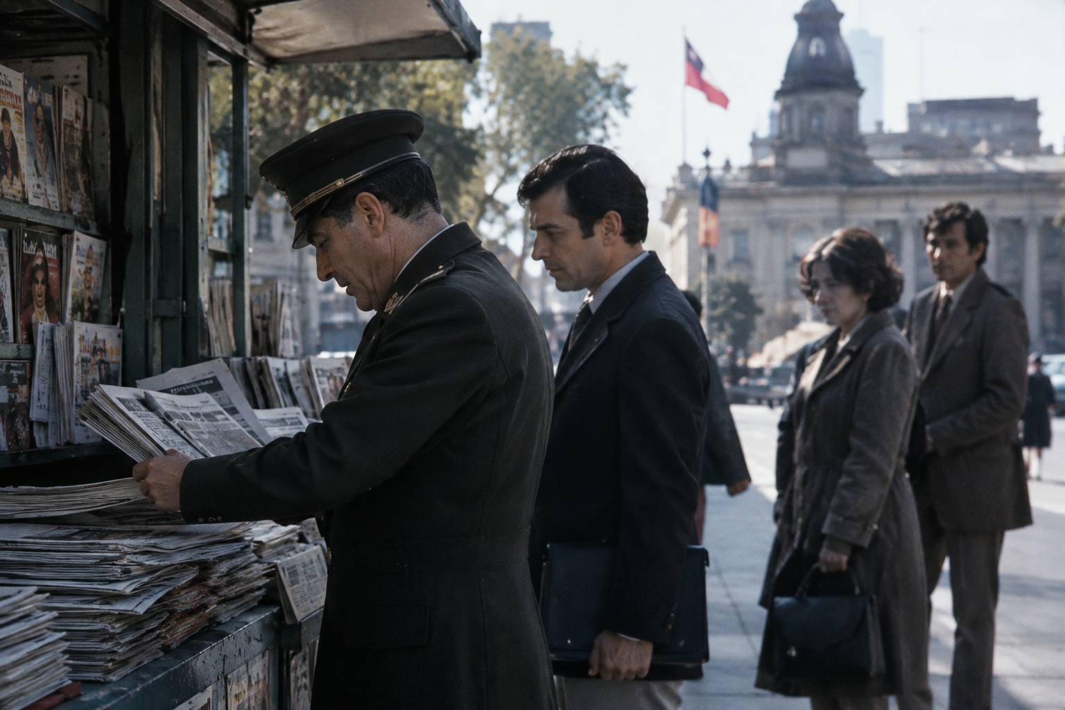 Militar revisando en un puesto de periódicos la información publicada.