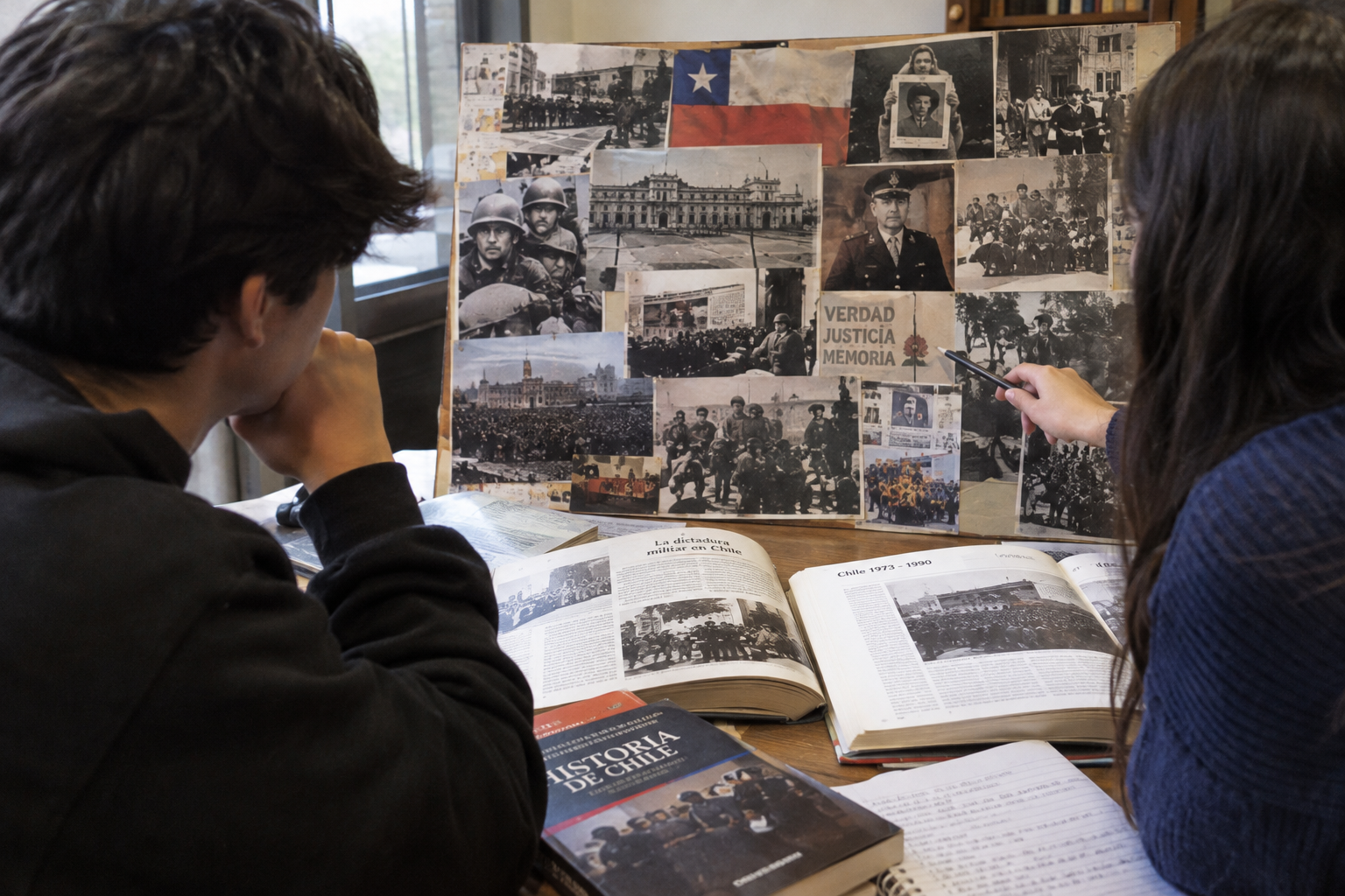 Estudiantes estudiando y revisando memorias históricas en libros y fotografías.