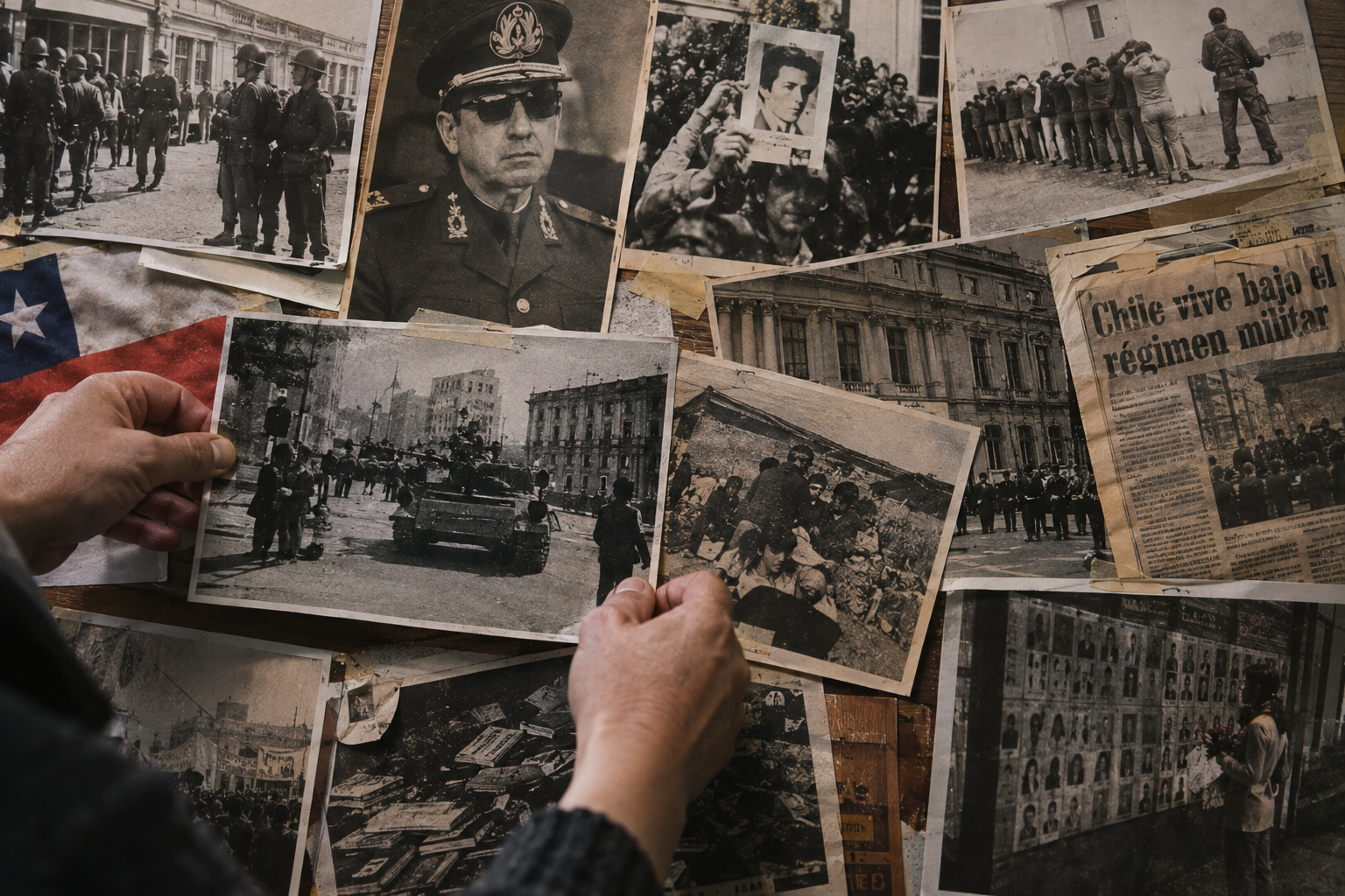 Collage de fotografías tomadas durante la dictadura militar en Chile.