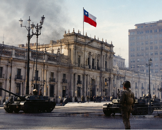 Santiago durante el golpe de Estado de 1973 con fuerzas militares y Palacio de La Moneda.
