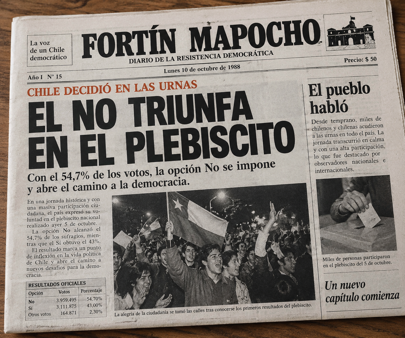 Representación del periódico informando del triunfo del No.