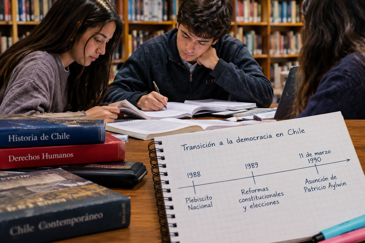 Estudiantes analizan documentos sobre la democracia en Chile.