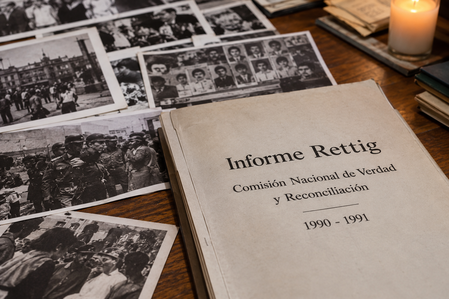 Ilustración de documentos oficiales y fotografías históricas sobre derechos humanos y recuperación de las instituciones.