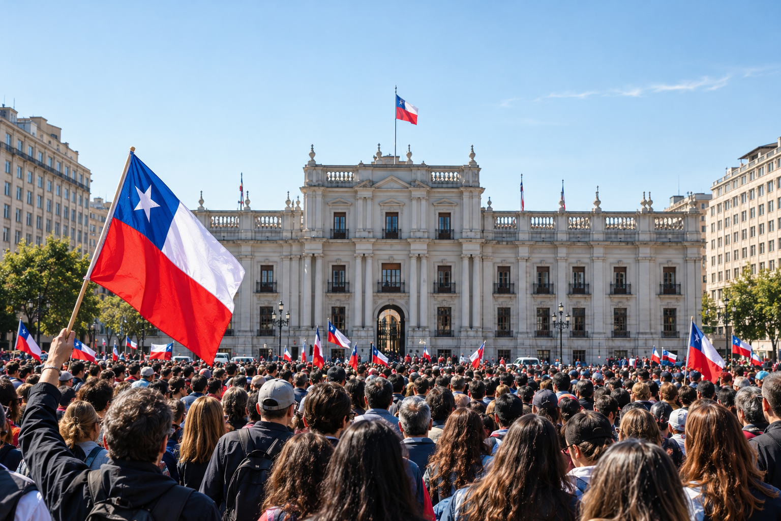 Representación de ciudadanos reunidos frente a un edificio público durante el retorno a la democracia.