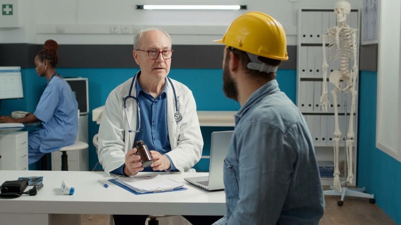 Hombre constructor en una consulta médica con un doctor que le está entregando unos medicamentos