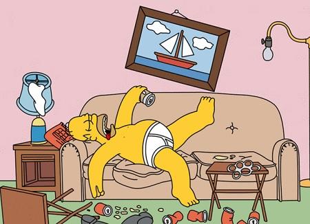 Homero en ropa interior pasando la borrachera sobre el icónico sofa.