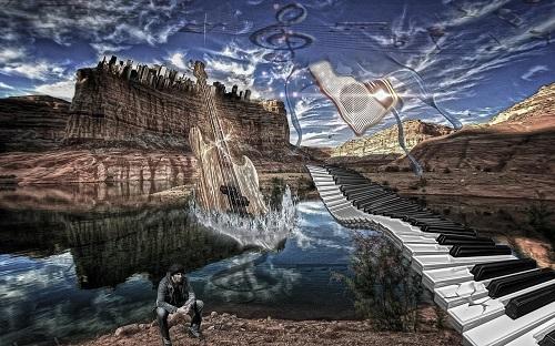Imagen surrealista creada por computador sobre conceptos musicales, de un teclado de Piano que se eleva al cielo, una Guitarra eléctrica que se mezcla con un lago, un radio que brota del cielo y un joven que medita sentado en una roca.