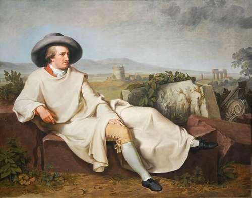 Óleo de J.H. Wilhelm Tischbein titulado "Goethe en la campiña romana", se ve un hombre recostado en un muro depiedra.
