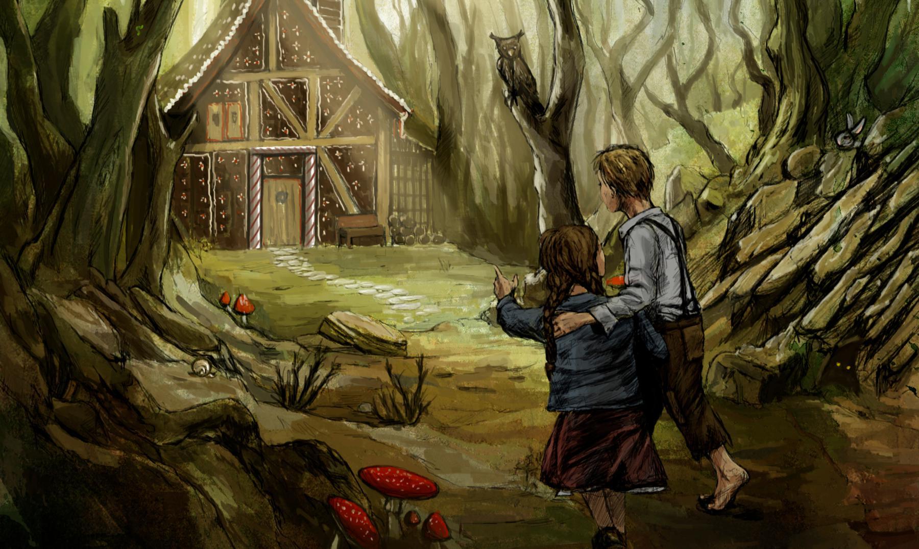 Ilustración del los Hermanos Hansel y Gretel hacía la casita de Dulce donde vivía la bruja.