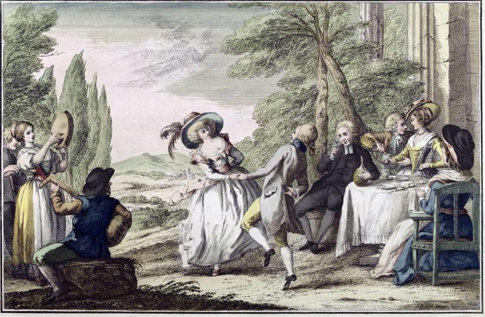 Ilustración a blanco y negro de pareja antigua bailando.
