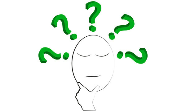 Silueta de un rostro en medio de varios signos de preguntas de color verde