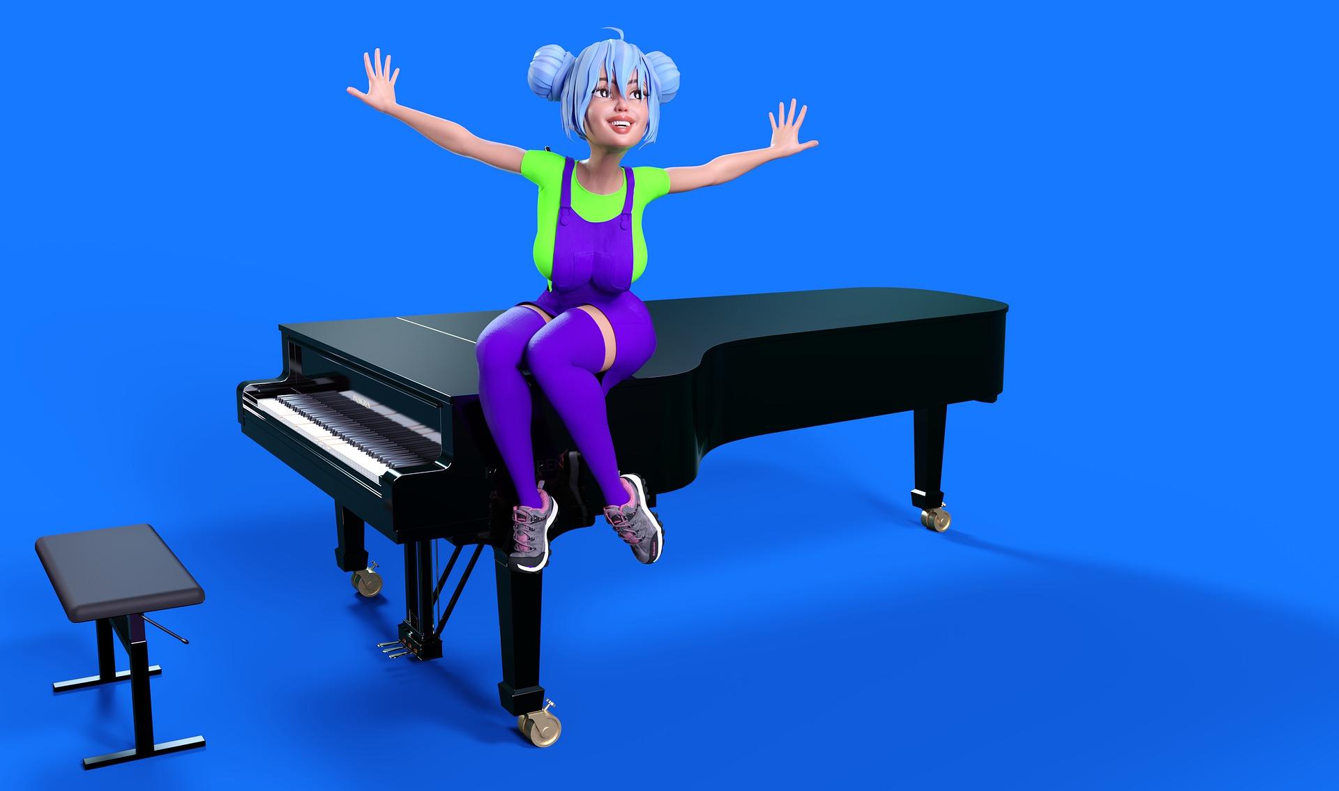 Chica avatar sentada sobre un piano en un metaverso