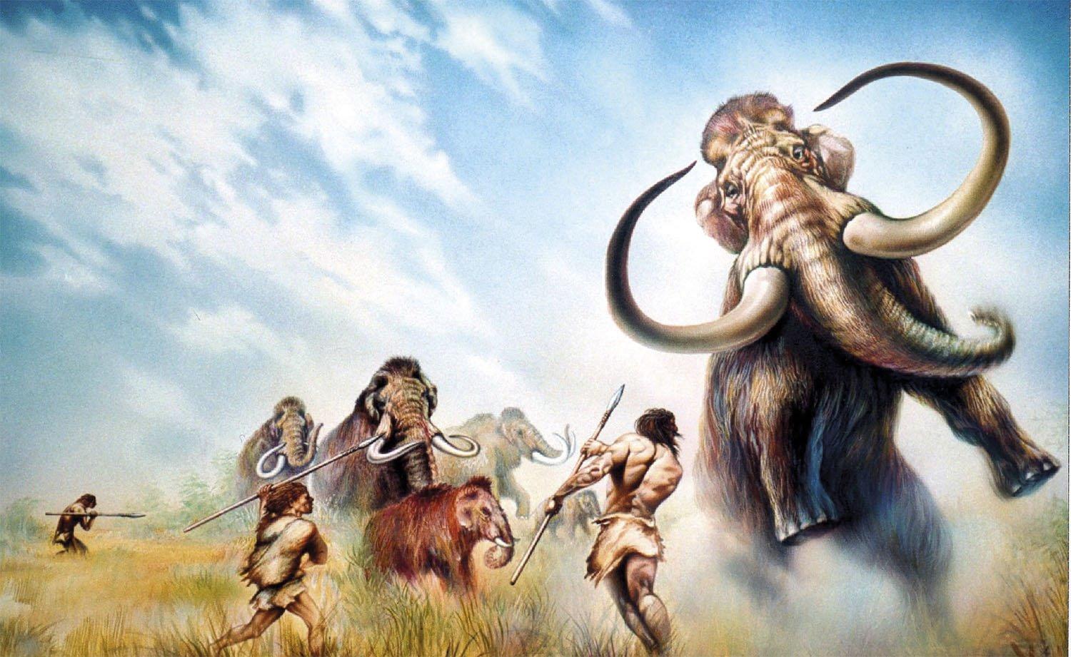 Homres primitivos, cazando mamuts