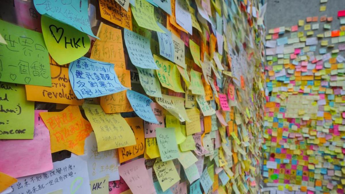 Pared llena de papeles de notas de colores.