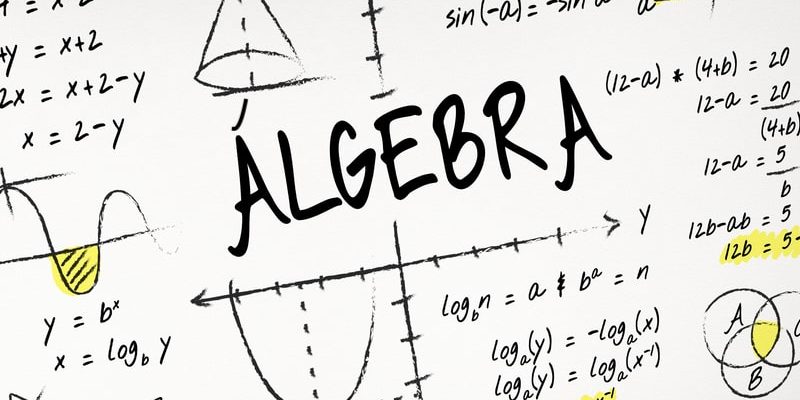 Palabra ÁLGEBRA con Ecuaciones algebraicas alrededor.