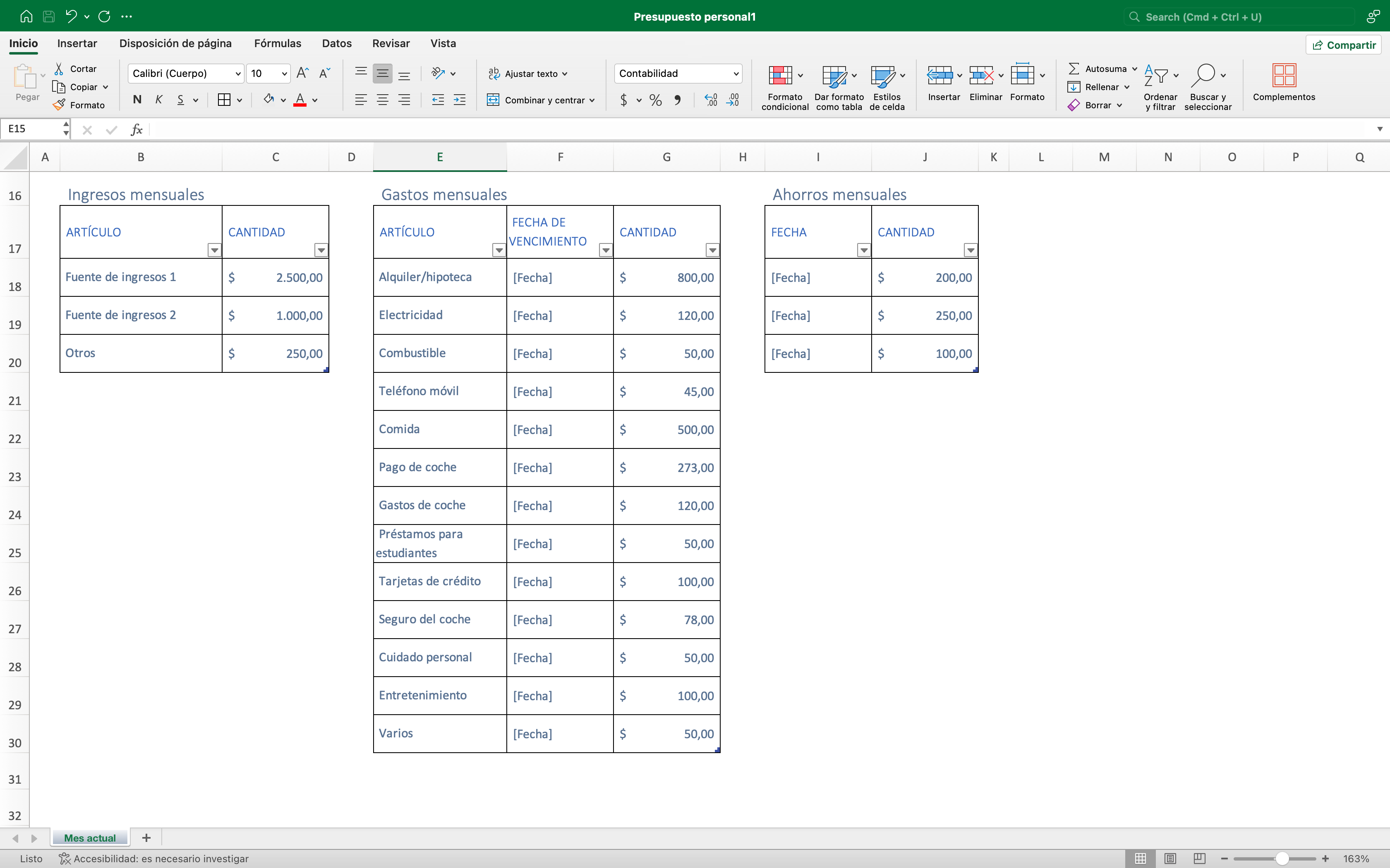 Interfaz de Excel con una tabla de presupuesto mensual