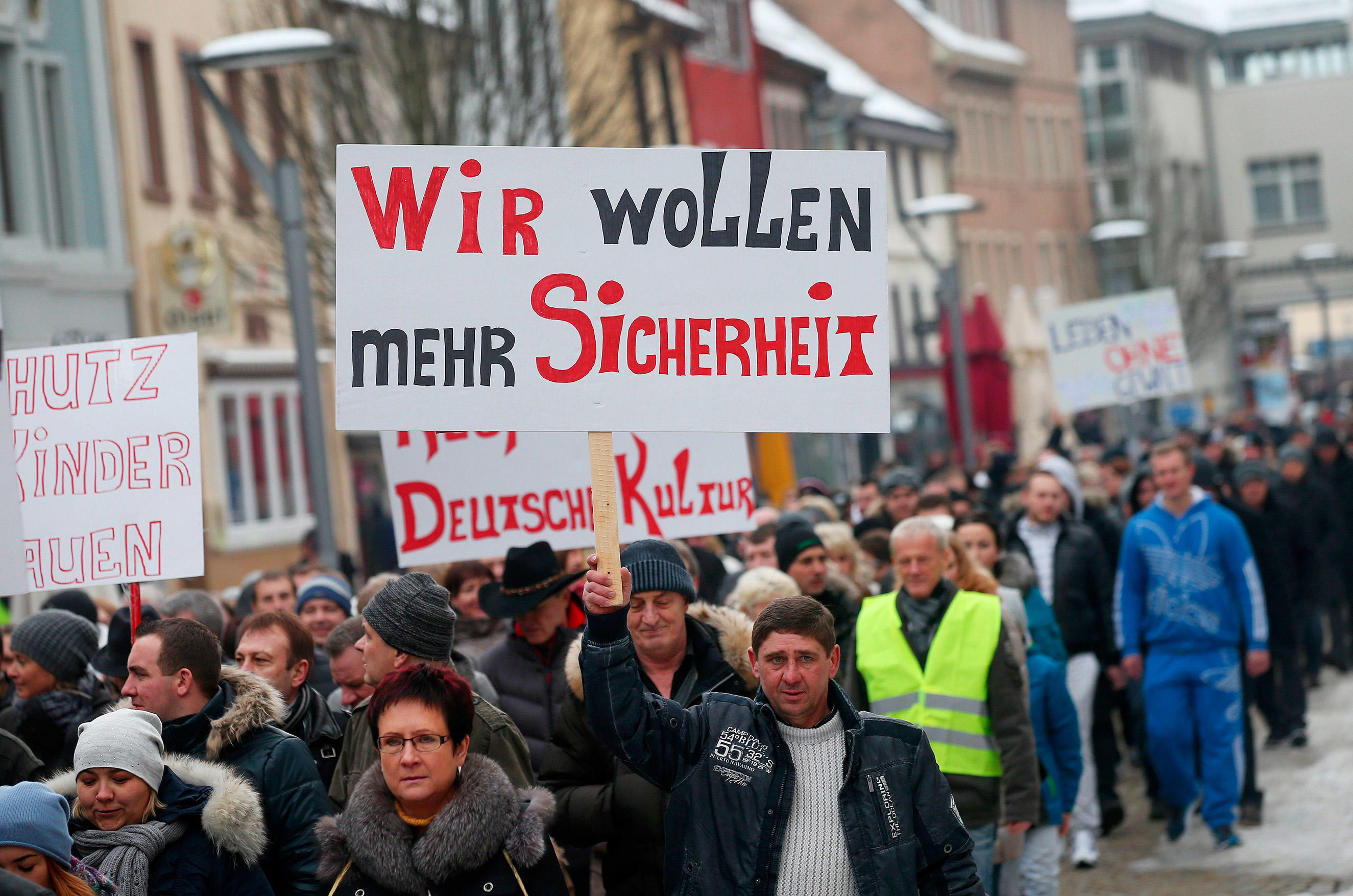 Hundreds of Russlanddeutsche, or ethnic Germans who had formerly lived in Russia, demonstrate against violence and for more security in Germany in Villingen-Schwenningen, Germany, Jan. 24, 2016. The demonstration took place in connection with the alleged rape of a 13-year-old girl by a refugee, which the police say did not happen. Marc Eich—DPA/Corbis